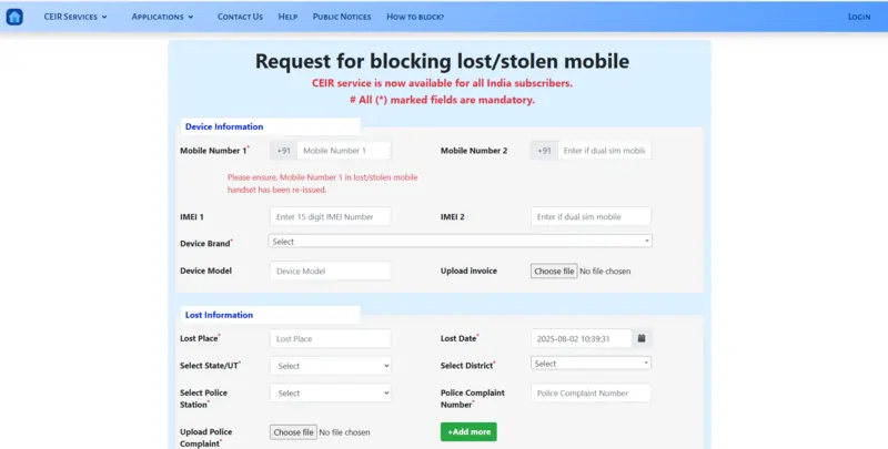 How to request blocking of lost or stolen mobile through CEIR portal