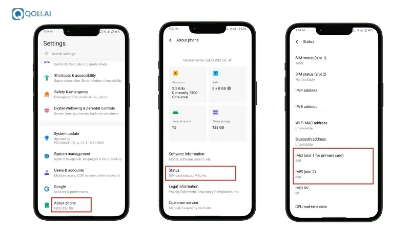 How to check IMEI number in Android phone settings screen