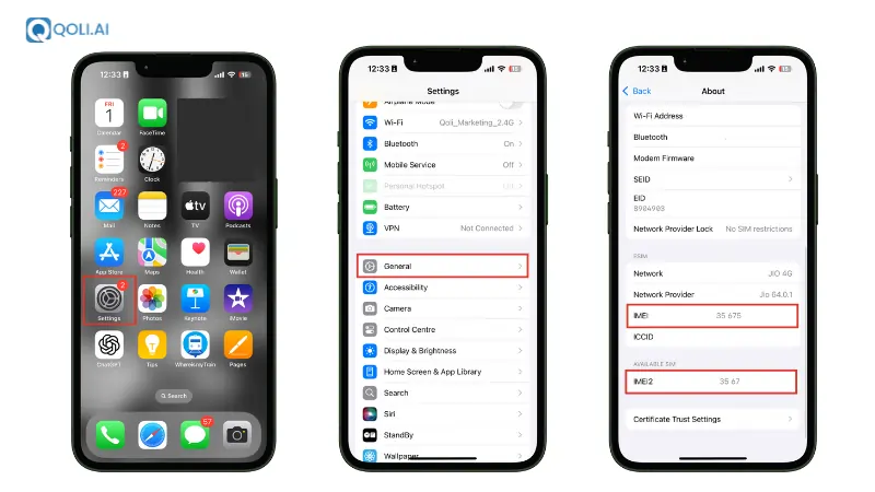 How to check IMEI number in iPhone settings screen