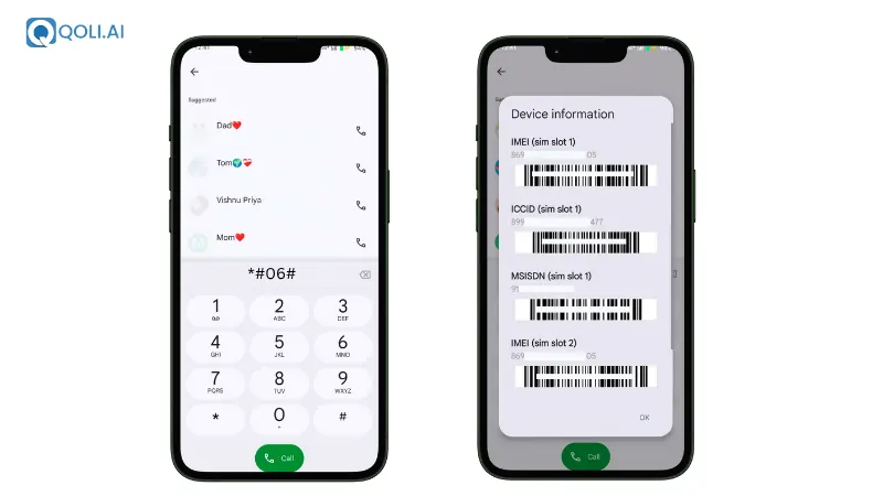 Dialing *#06# USSD code to check IMEI number on phone screen