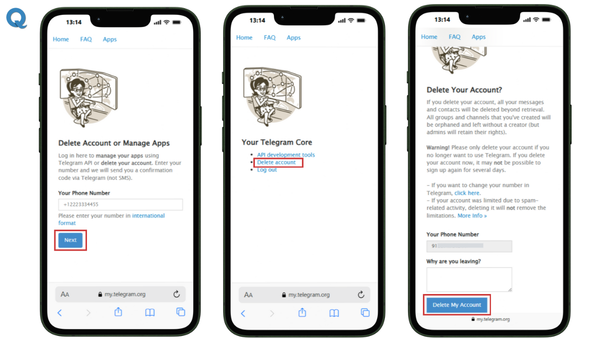Screenshot showing how to delete Telegram account permanently