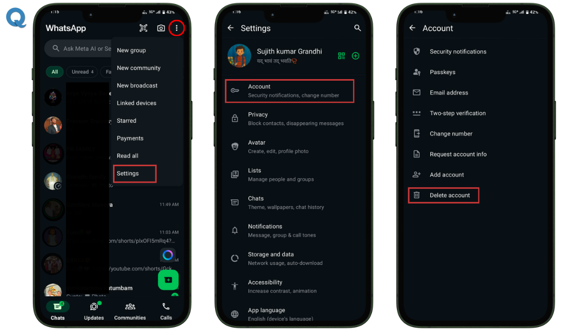 Screenshot showing how to delete WhatsApp account permanently