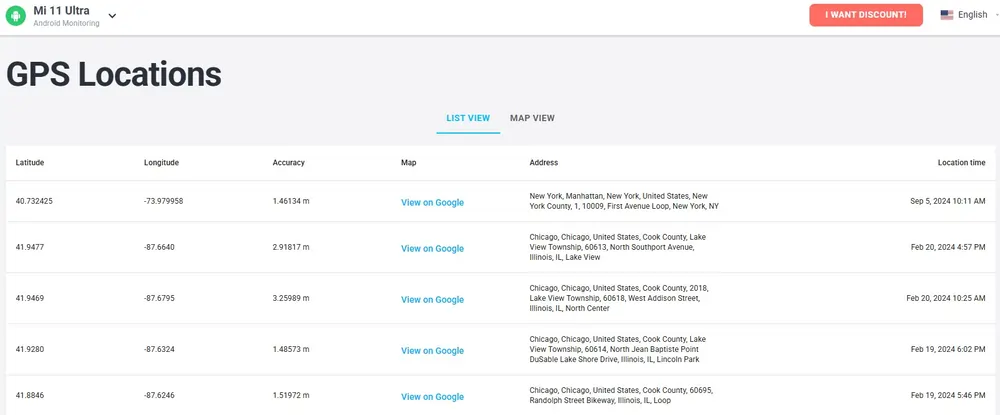 Eyezy tracking interface with live location data