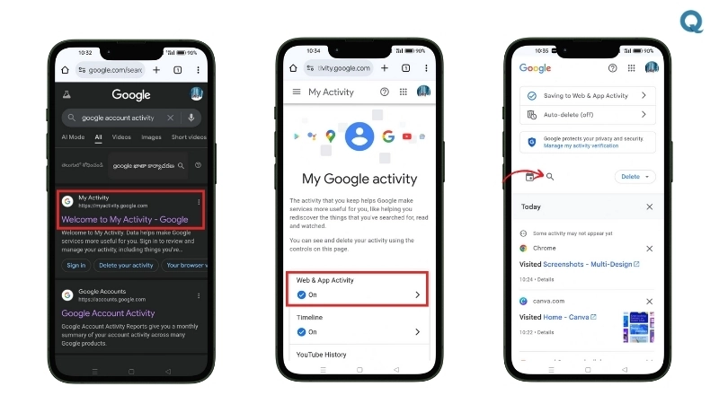 Screenshot showing Google Activity search history on a phone