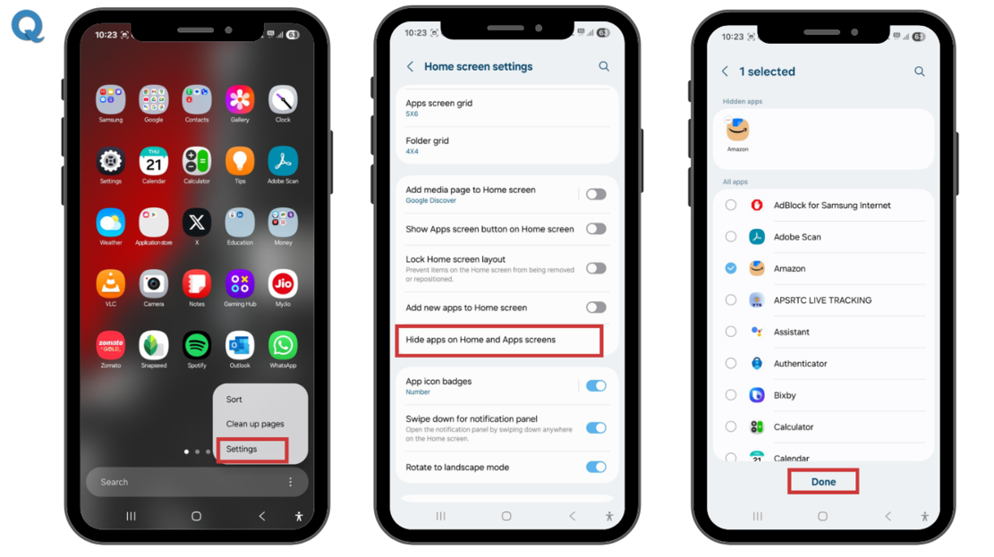 Screenshot showing how to hide apps in Samsung app drawer
