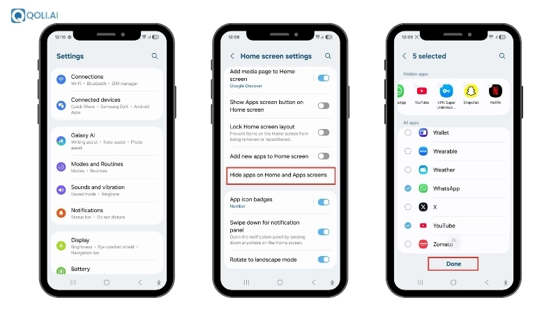 Screenshot showing how to hide apps on a Samsung phone
