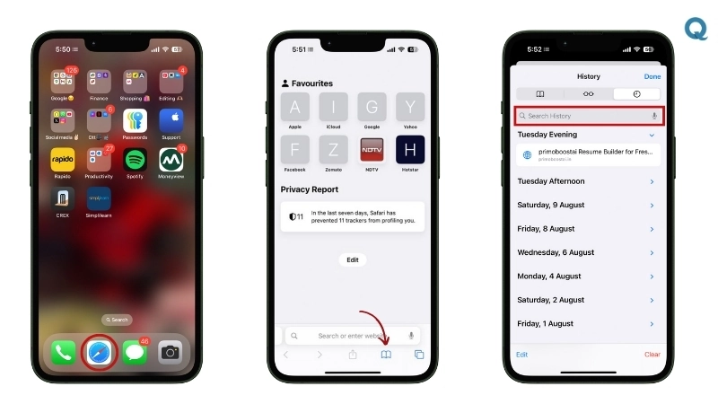 Screenshot showing search history on Safari browser