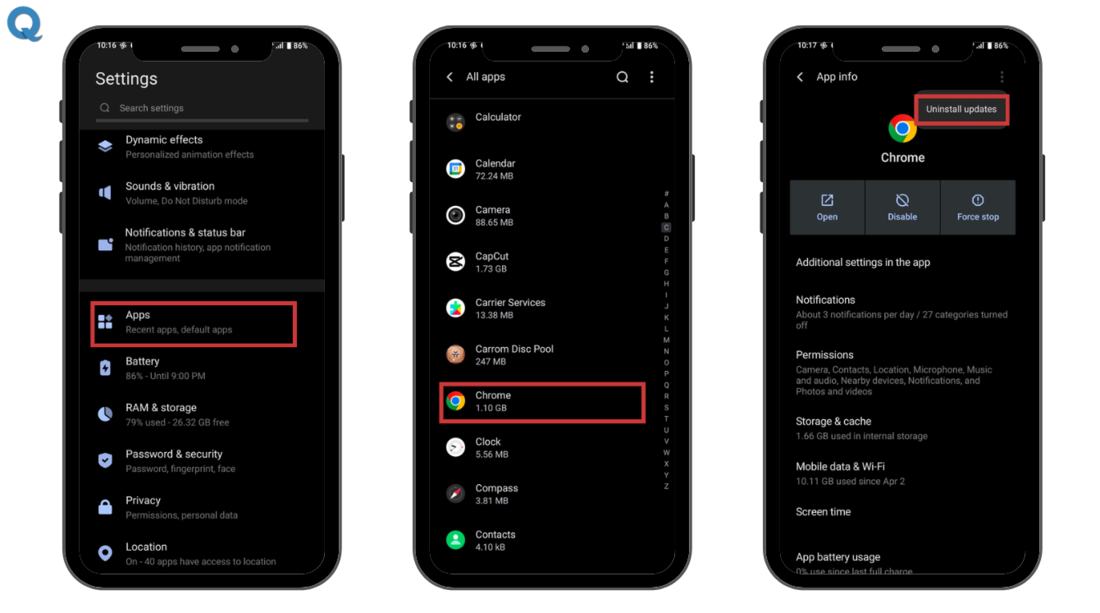 Screenshot showing how to uninstall updates in Chrome browser